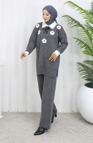 Ensemble Deux Pièces En Tricot Avec Tunique Et Pantalon à Fleurs Appliquées 1113-07 Gris 1113-07