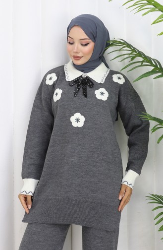 Strickmode Blumen Applikation Tunika Hose Zweiteiler 1113-07 Grau 1113-07