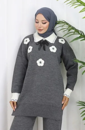 Ensemble Deux Pièces En Tricot Avec Tunique Et Pantalon à Fleurs Appliquées 1113-07 Gris 1113-07