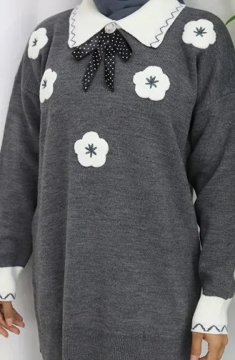 Ensemble Deux Pièces En Tricot Avec Tunique Et Pantalon à Fleurs Appliquées 1113-07 Gris 1113-07