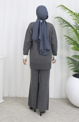 Strickmode Blumen Applikation Tunika Hose Zweiteiler 1113-07 Grau 1113-07