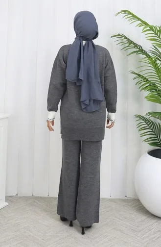 Ensemble Deux Pièces En Tricot Avec Tunique Et Pantalon à Fleurs Appliquées 1113-07 Gris 1113-07