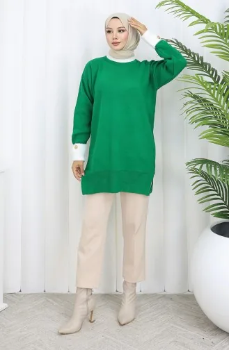 Gestrickte Tunika Mit Knopfdetail Am Ärmel 3000-09 Smaragdgrün 3000-09