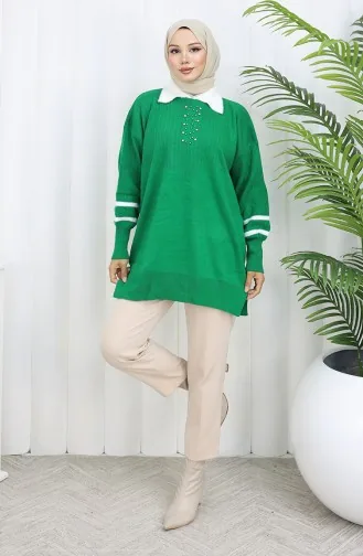 سترة محبوكة بأكمام منفوخة وياقة 3007-01 باللون الأخضر الزمردي 3007-01