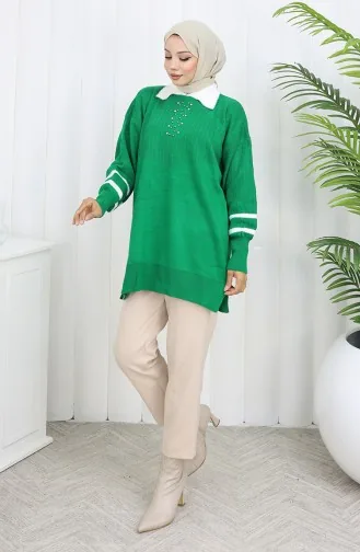 سترة محبوكة بأكمام منفوخة وياقة 3007-01 باللون الأخضر الزمردي 3007-01
