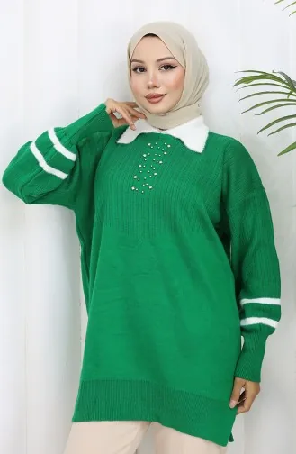 سترة محبوكة بأكمام منفوخة وياقة 3007-01 باللون الأخضر الزمردي 3007-01