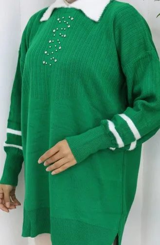 سترة محبوكة بأكمام منفوخة وياقة 3007-01 باللون الأخضر الزمردي 3007-01