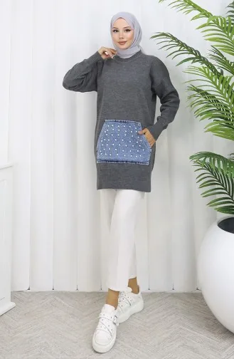 Tunique En Tricot à Poche Kangourou Et Détails Perlés 3030-03 Gris 3030-03