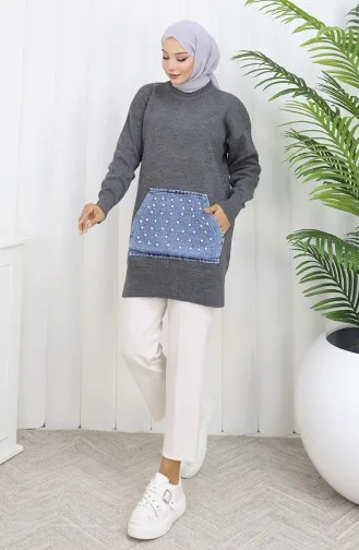 Tunique En Tricot à Poche Kangourou Et Détails Perlés 3030-03 Gris 3030-03