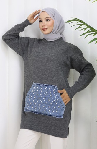 Gebreide Kangoeroezak Met Pareldetail Tuniek 3030-03 Grijs 3030-03