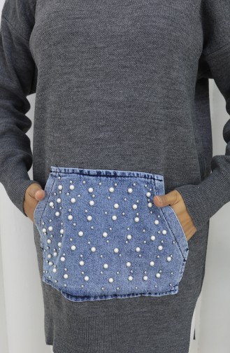 Gebreide Kangoeroezak Met Pareldetail Tuniek 3030-03 Grijs 3030-03