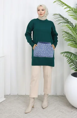 Tunique En Tricot Avec Poche Kangourou Et Détails En Perles 3030-06 Pétrole 3030-06