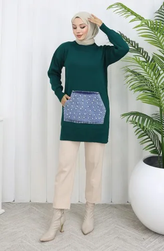 Tunique En Tricot Avec Poche Kangourou Et Détails En Perles 3030-06 Pétrole 3030-06