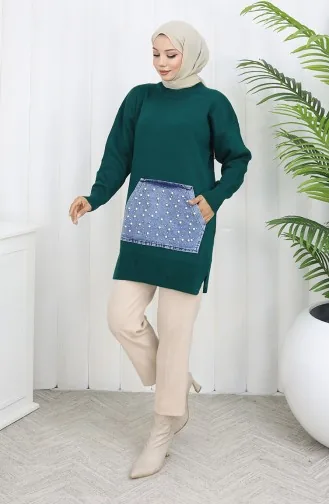 Tunique En Tricot Avec Poche Kangourou Et Détails En Perles 3030-06 Pétrole 3030-06