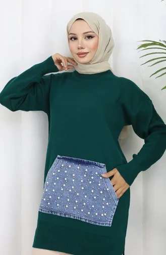 Tunique En Tricot Avec Poche Kangourou Et Détails En Perles 3030-06 Pétrole 3030-06