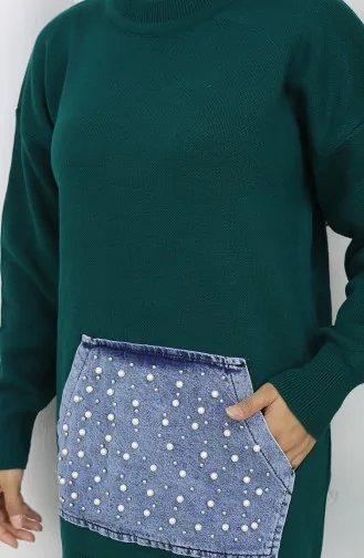 Tunique En Tricot Avec Poche Kangourou Et Détails En Perles 3030-06 Pétrole 3030-06