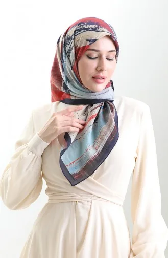 Karaca Patterned Natural Fiber Scarf 82019-01 Navy Blue Burgundy 82019-01