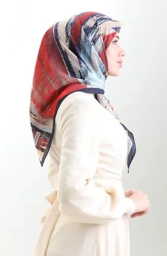 Karaca Patterned Natural Fiber Scarf 82019-01 Navy Blue Burgundy 82019-01