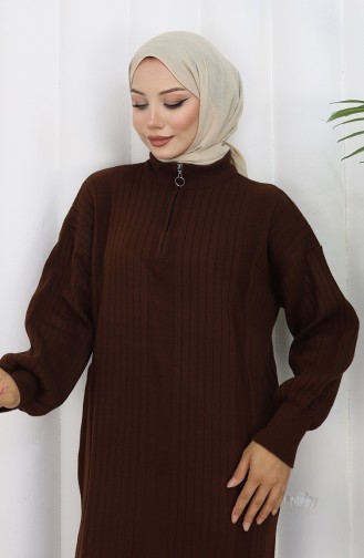 Robe En Maille Côtelée Avec Fermeture éclair 0005-04 Marron 0005-04