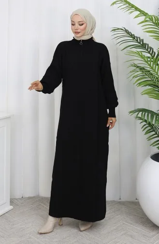 Triko Fitilli Fermuar Detaylı Elbise 0005-05 Siyah