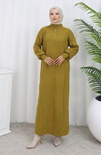 Robe Tricotée Côtelée Avec Fermeture éclair 0005-06 Vert Pétrole 0005-06