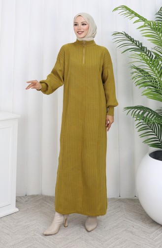Robe Tricotée Côtelée Avec Fermeture éclair 0005-06 Vert Pétrole 0005-06