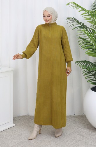 Robe Tricotée Côtelée Avec Fermeture éclair 0005-06 Vert Pétrole 0005-06