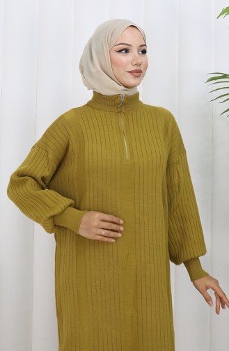 Robe Tricotée Côtelée Avec Fermeture éclair 0005-06 Vert Pétrole 0005-06