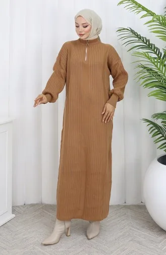 فستان محبوك مضلع بسحاب مفصل 0005-08 لون قهوة حليبية 0005-08