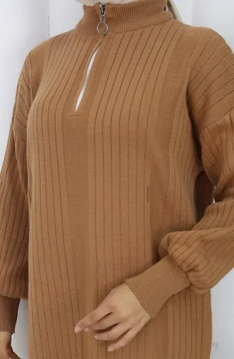 فستان محبوك مضلع بسحاب مفصل 0005-08 لون قهوة حليبية 0005-08