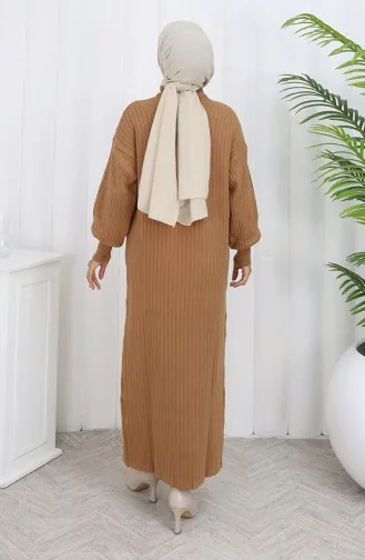 فستان محبوك مضلع بسحاب مفصل 0005-08 لون قهوة حليبية 0005-08