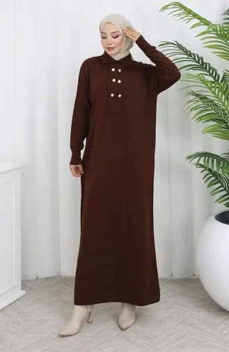 Gebreide Polokraag Met Knoopdetailjurk 0007-04 Bruin 0007-04