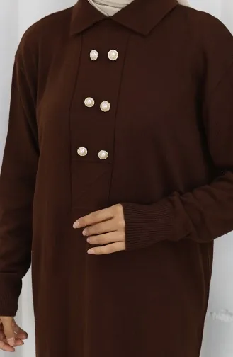 Gebreide Polokraag Met Knoopdetailjurk 0007-04 Bruin 0007-04
