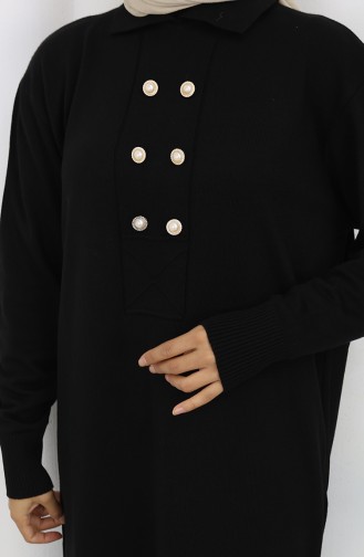 Gebreide Polokraag Met Knoopdetailjurk 0007-06 Zwart 0007-06