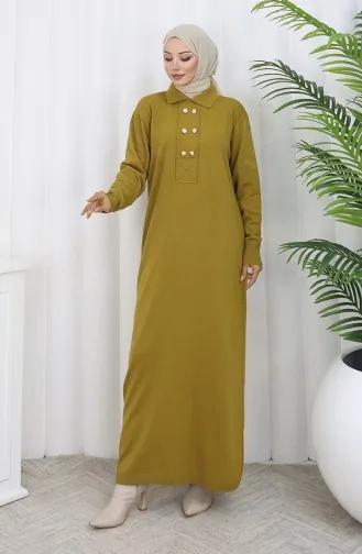 Gebreide Polokraag Met Knoopdetailjurk 0007-07 Oliegroen 0007-07