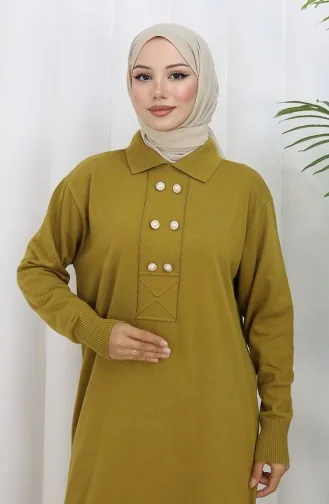 Gebreide Polokraag Met Knoopdetailjurk 0007-07 Oliegroen 0007-07