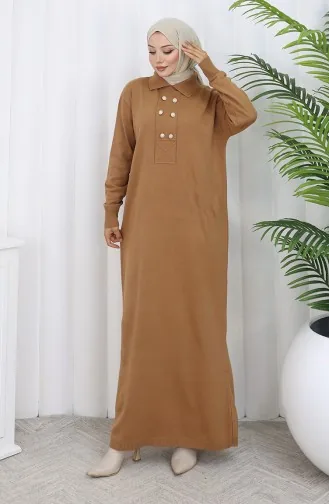 Gebreide Polokraag Met Knoopdetailjurk 0007-08 Melkkoffie 0007-08