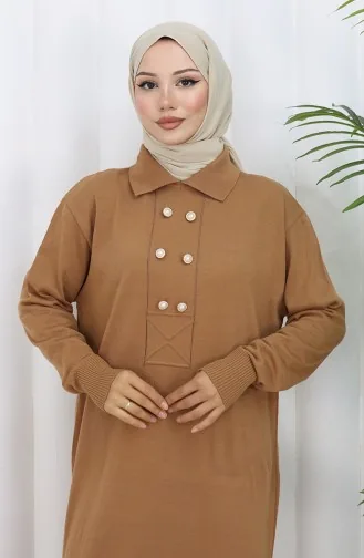 Gebreide Polokraag Met Knoopdetailjurk 0007-08 Melkkoffie 0007-08