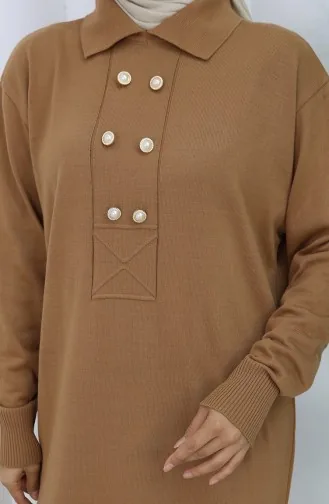 Gebreide Polokraag Met Knoopdetailjurk 0007-08 Melkkoffie 0007-08