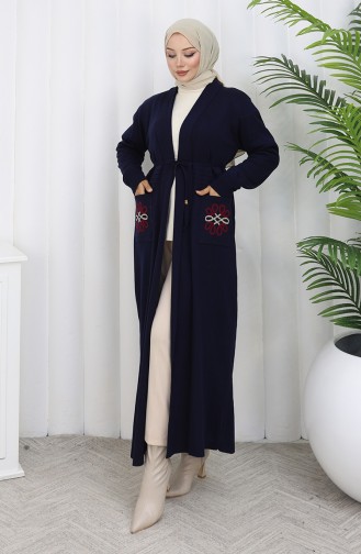 Knitwear Embroidered Long Cardigan 0021-06 Navy Blue 0021-06