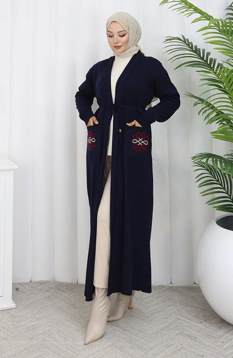 Triko Nakışlı Uzun Hırka 0021-06 Lacivert