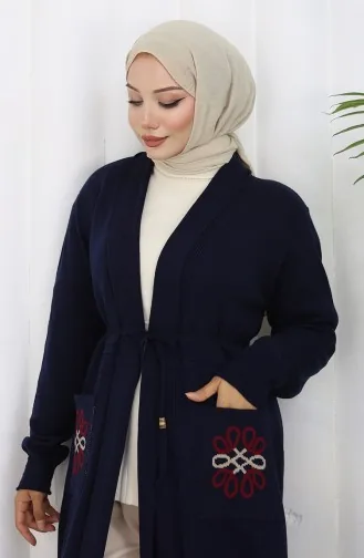 Triko Nakışlı Uzun Hırka 0021-06 Lacivert