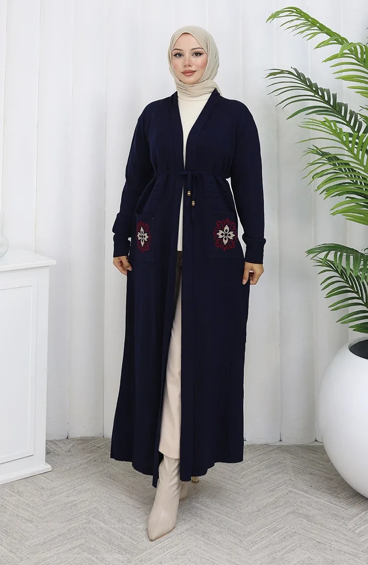 Triko Nakışlı Uzun Hırka 0022-03 Lacivert