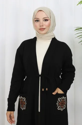 Triko Nakışlı Uzun Hırka 0022-04 Siyah