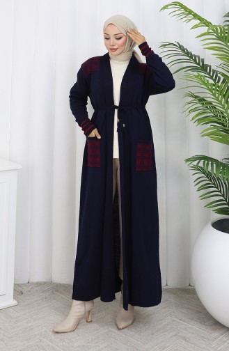 Cardigan Long Brodé En Maille 0027-01 Bleu Marine 0027-01