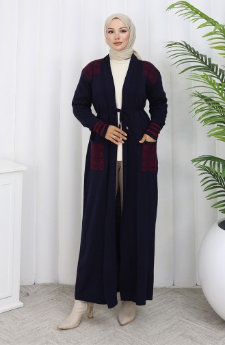 Cardigan Long Brodé En Maille 0027-01 Bleu Marine 0027-01