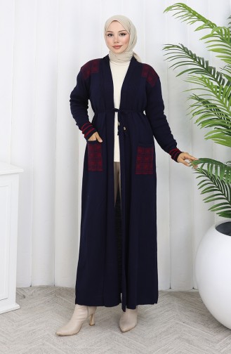 Cardigan Long Brodé En Maille 0027-01 Bleu Marine 0027-01