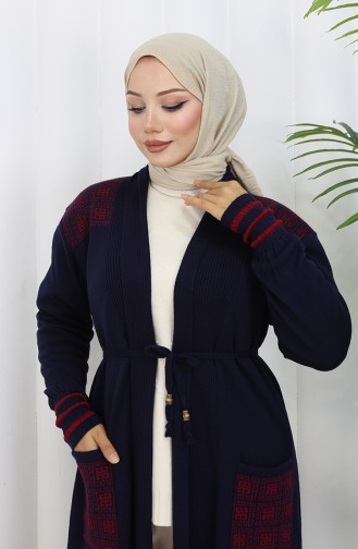 Cardigan Long Brodé En Maille 0027-01 Bleu Marine 0027-01