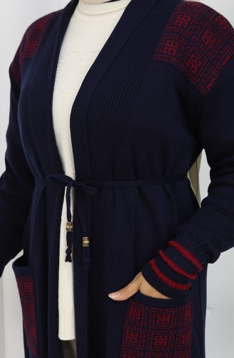 Cardigan Long Brodé En Maille 0027-01 Bleu Marine 0027-01
