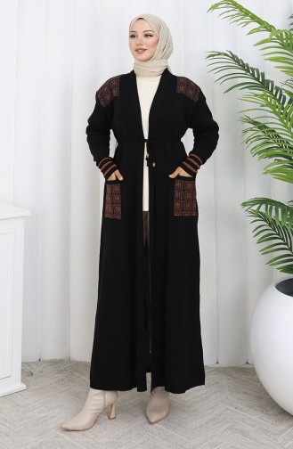 Cardigan Long Brodé En Maille 0027-06 Noir 0027-06